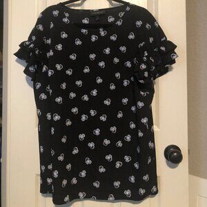 Lane Bryant black with blue and white flower print ruffle sleeve blouse‎ size 16